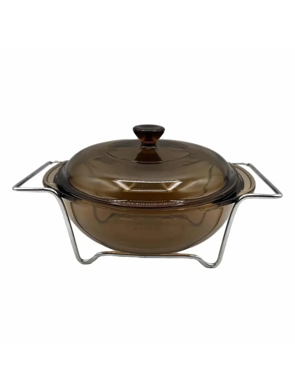 Vintage Pyrex Amber 1.5QT Glass Casserole Dish & Lid with Chrome Serving Cradle